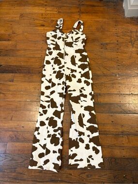 Brown & White Cow Print Wide-Leg Jumpsuit with Adjustable Straps